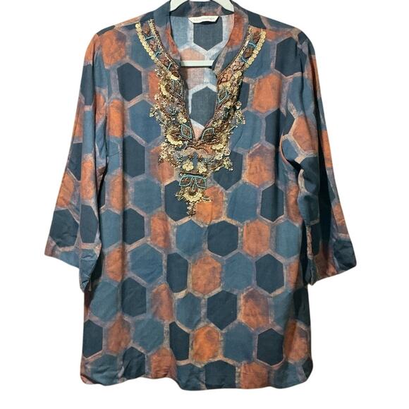 Soft Surroundings Beaded Embellished Tunic Top Blouse Blue Rust Honeycomb Print - Picture 2 of 8